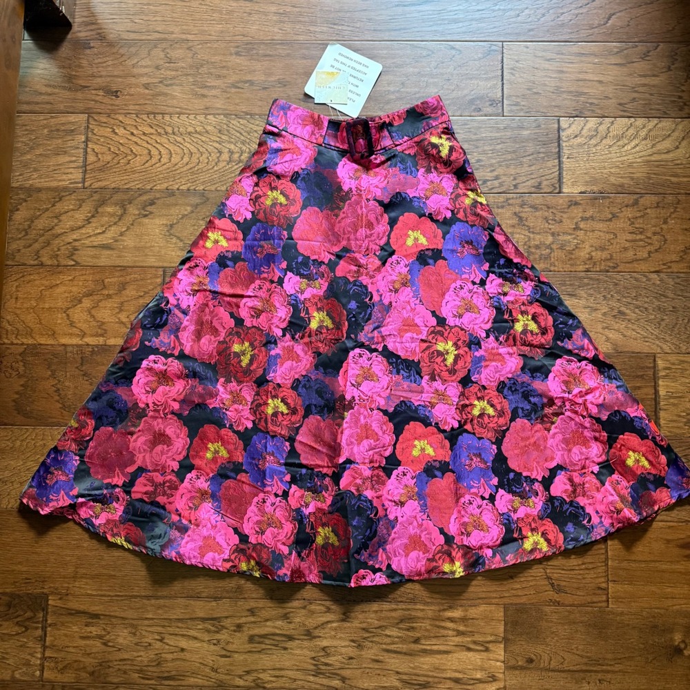 NWT Chicwish Dark Romance Pink Purple Floral Jacquard A-Line Maxi Belted Skirt L